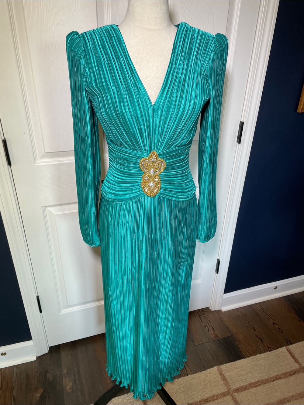 Vintage Lillie Rubin George F Couture Teal Green Plisse Pleated Maxi Dress Sz 4